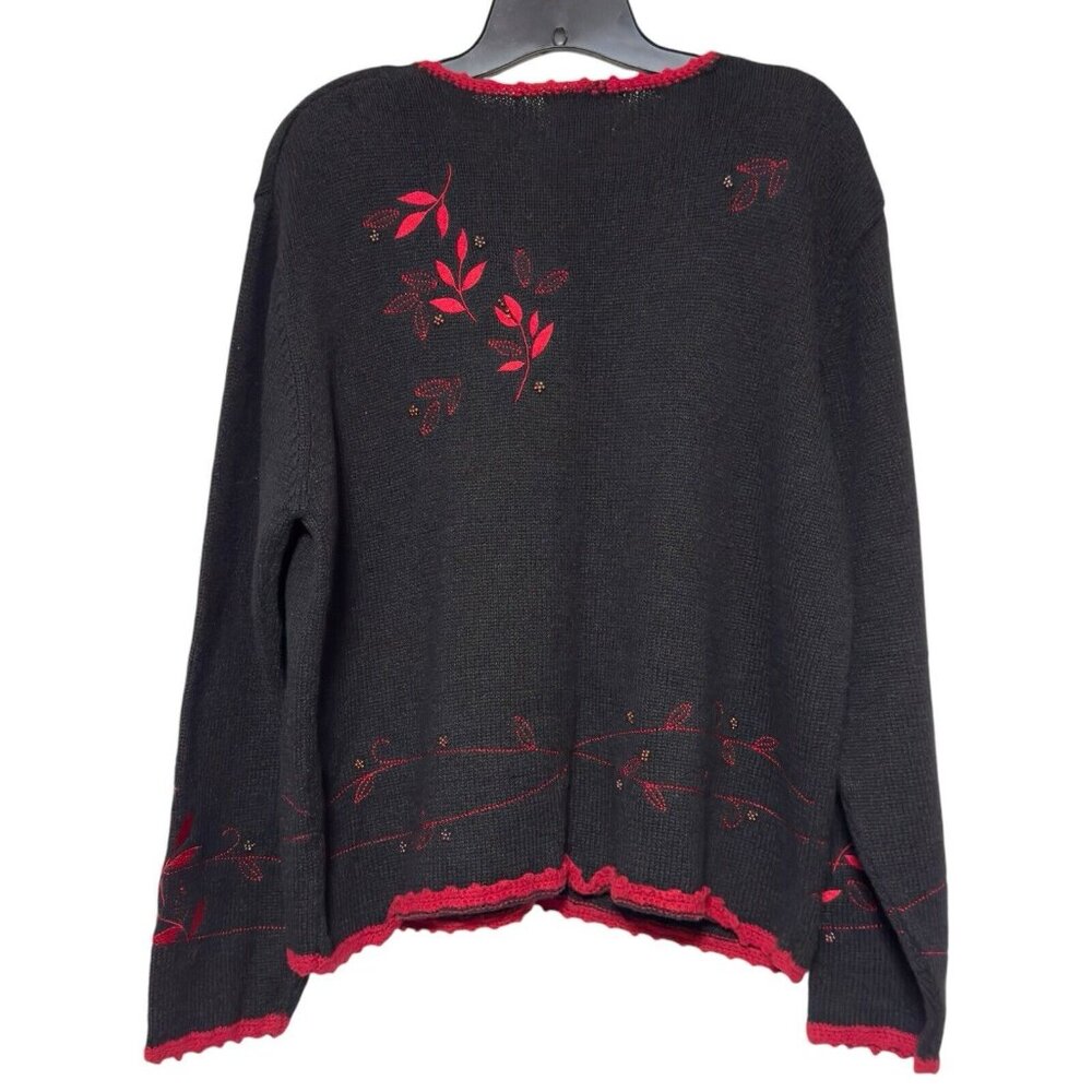 Vintage Christopher Banks Hand Embroidered Black Red Sweater Beaded Cardigan XL - Picture 3 of 13